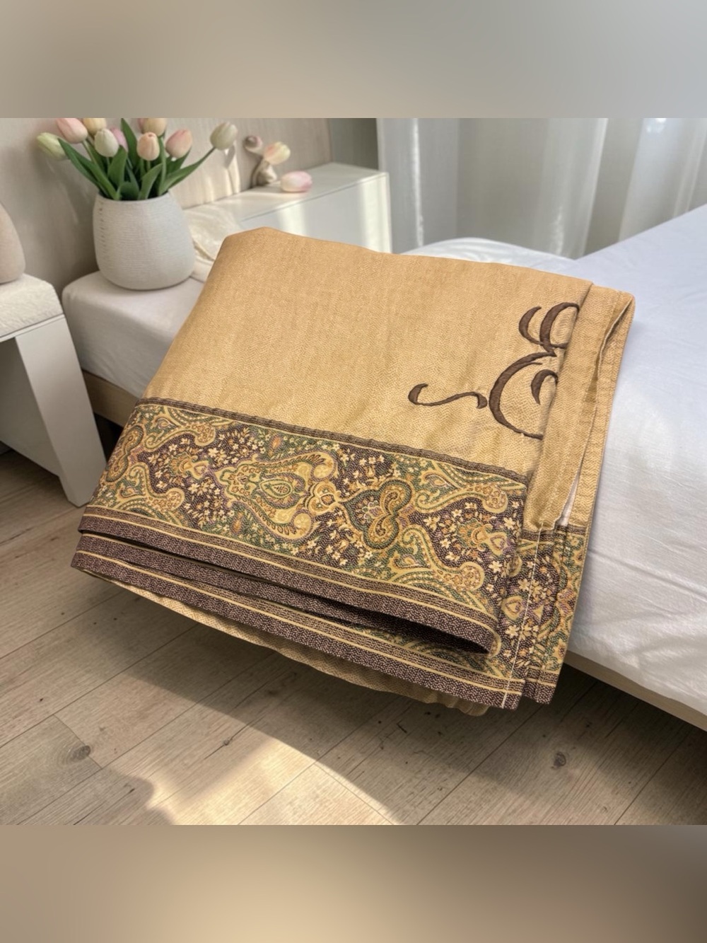 Croscill Home Cream Paisley Flat Sheet Oversized Queen King Monogram E Jacquard